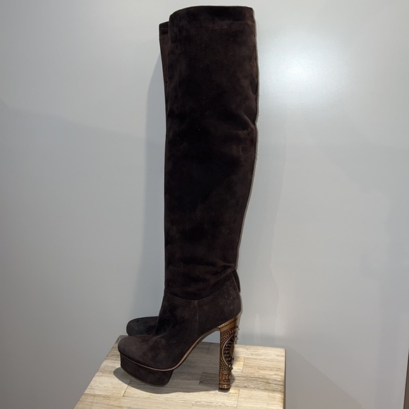 Le Silla 39/US 9 Brown Suede Metal Crystal Embellished Platform Tall Boots - Picture 13 of 16